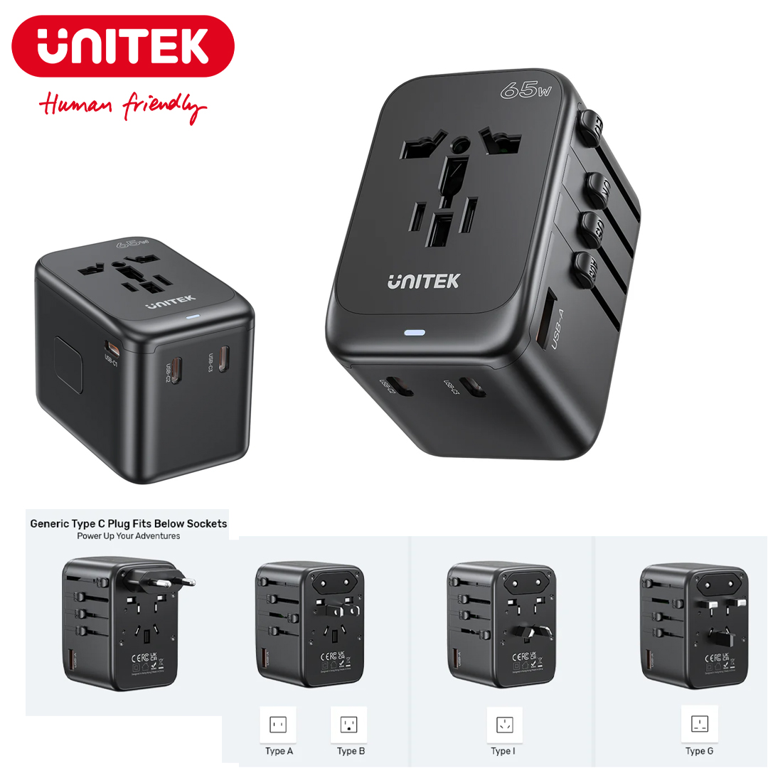 Universal Travel Adapter 65W - 4 Plug (QC3.0 PD) Unitek P1122ABK01 (Full type Plug)